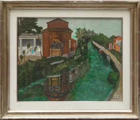 A. Z. di Mirabello "Scorcio con Naviglio" olio su tela (cm 40x50) firmato in ba