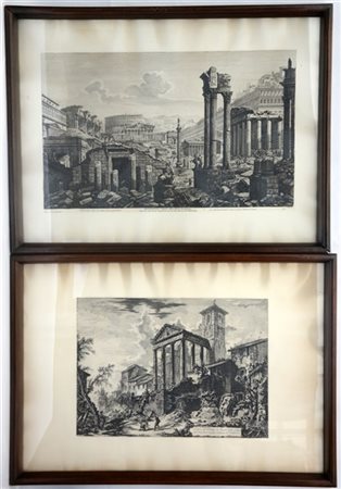 Lotto di due incisioni da Piranesi e Luigi Rossini raffiguranti rovine (foglio