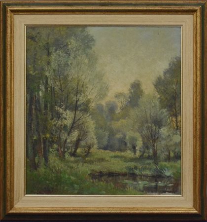 Alfonso Corradi "Piccolo stagno a Feriolo" olio su masonite (cm 53x49) Firmato i