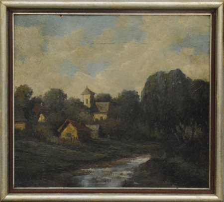 Firma indecifrata "Paesaggio con ruscello" olio su cartone (cm 70x78) Firmato i