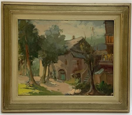 Giuseppe Carli "Borgo vecchio a Bardonecchia" olio su faesite (cm 40x50) Firmato