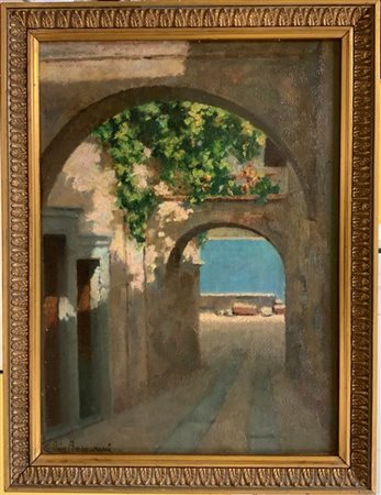 Gian Rito Baccarini "Scorcio di paese mediterraneo" olio su masonite (cm 38x27.5