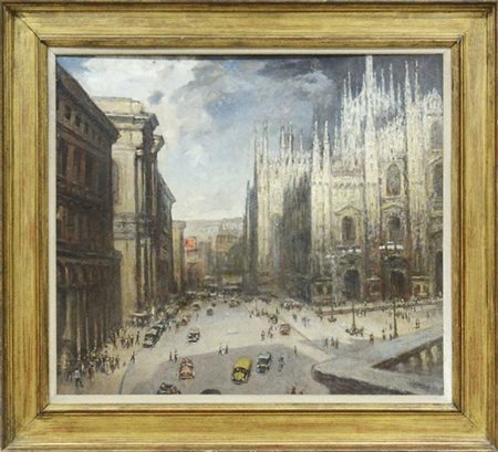 Giuseppe Mascarini "Piazza Duomo" 1947, olio su compensato (cm 76x87) Firmato e