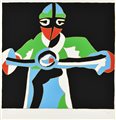 Ugo Nespolo IL MOTOCICLISTA serigrafia su carta, cm 54x50; es. 691/1000 firma