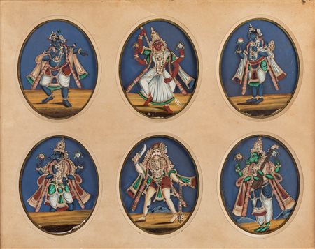 Dodici miniature ovali raffiguranti divinità, India Tamil - Nadu, fine secolo XIX - inizi secolo XX