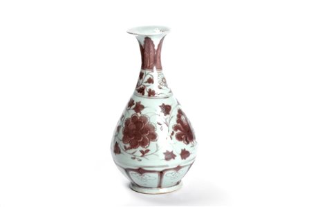 Vaso cinese in porcellana decorato a foglie e fiori in rosso 