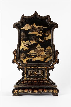 Schermo da tavolo in legno laccato e decorazioni in oro, Cina, Canton secolo XIX