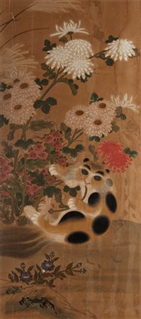 Dipinto su carta raffigurante peonie e felino, probabilmente Corea secolo XIX