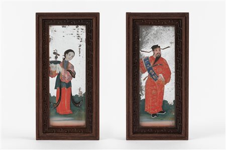 Due dipinti sottovetro raffiguranti un dignitario e una concubina, Cina Canton secolo XIX