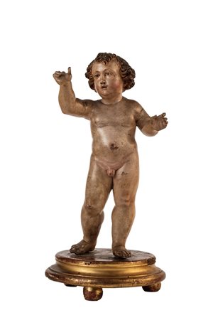 Manifattura napoletana, secolo XVIII - Scultura in legno policromo raffigurante Gesù Bambino benedicente