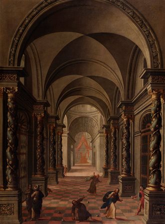 Scuola fiamminga, secolo XVII - Interno di una cattedrale con scena di lapidazione