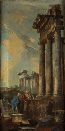 Maniera di Giovanni Paolo Panini - Due capricci architettonici con rovine antiche e astanti