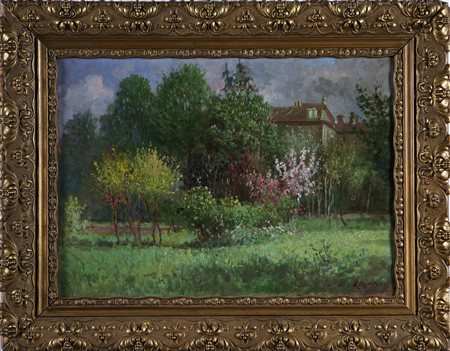 BARZANTI LICINIO (1857 - 1944) Villa con giardino. Olio su cartone. Cm 38x54....