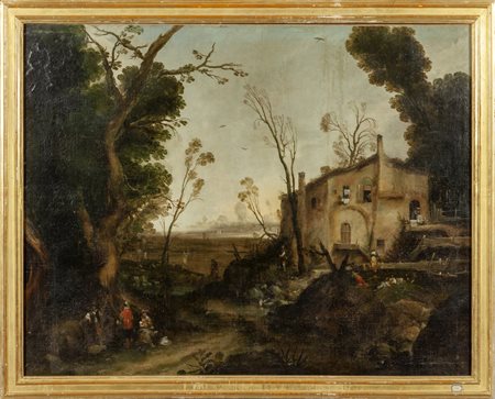 Scuola genovese sec.XVII "Paesaggio con mulino e 