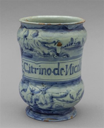 Albarello in ceramica bianca e blu, marca Stemma, 