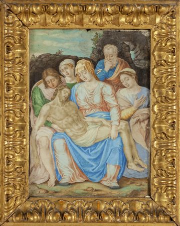 Scuola genovese sec.XVII "La Deposizione" tempera 