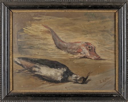 "Natura morta con uccello e pesce"<br>olio    cm. 