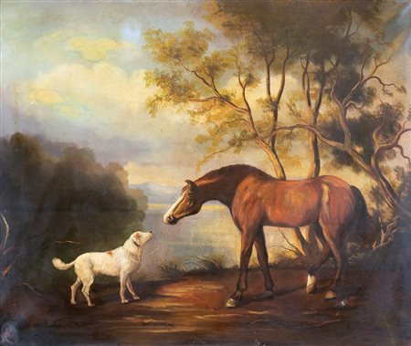 Pittore del XIX secolo - Paesaggio con cavallo e cane - Siglato in basso a...