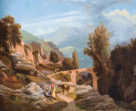 Pittore del XIX secolo - Paesaggio con arco e viandanti - Firmato in basso a...