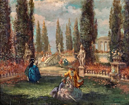 EMMA CIARDI - Giardino con figure in abiti settecenteschi - Firmato in basso...