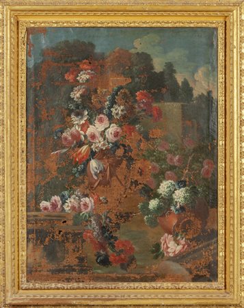 Scuola romana sec.XVII "Paesaggio con fiori" olio 