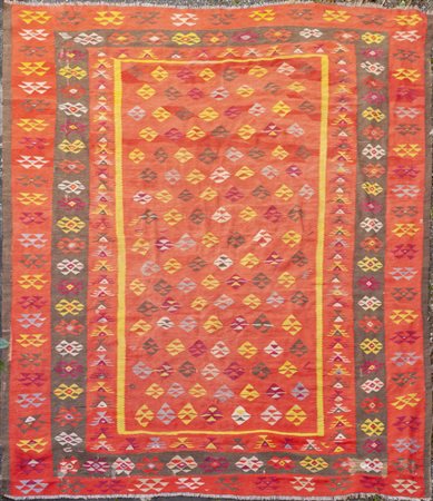 Antico tappeto Kilim a fondo rosso<br>cm. 365x322