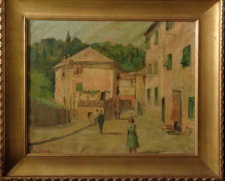 "Passeggiando in paese" olio, f.to e d.to in b. a 