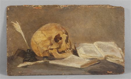 "Memento mori" olio su tavoletta, sec.XIX<br>cm. 