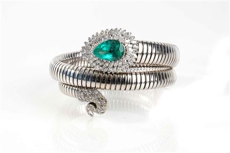 Bracciale a serpente in maglia tubogas con smeraldo e diamanti