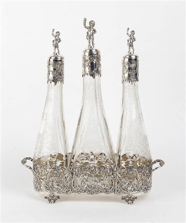 Decanter italiano in argento 800/1000 e vetro inciso - inizio XX secolo, argentiere Basios