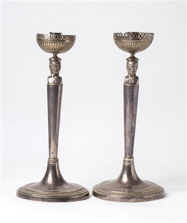 Coppia di candelieri impero italiani in argento - Roma 1815-1850, argentiere Luigi Sciolette