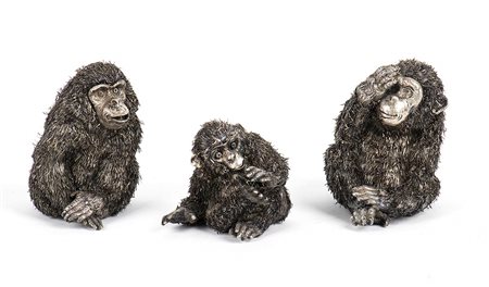 Tre scimmie in argento - vecchia manifattura, XX secolo