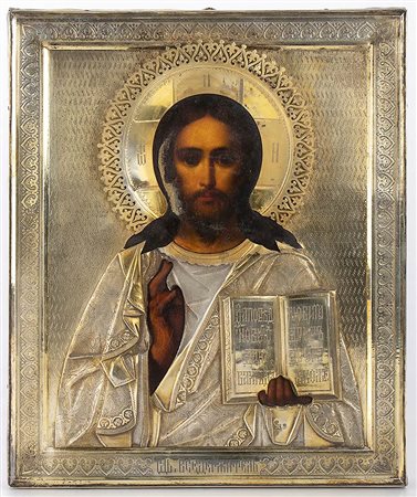 Icona russa con riza in argento raffigurante "Cristo Pantocratore" - Mosca 1896-1908
