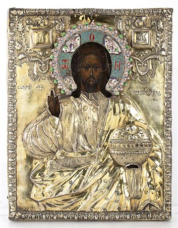 Icona russa con riza in argento raffigurante "Cristo con il Globo" - Mosca 1805