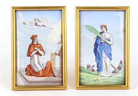 Coppia di cornici franceesi con placche con smalti - fine XIX secolo