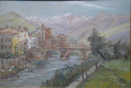 FIESSI ANGELO (1891 - 1997) Paesaggio bresciano. Olio su cartone. Cm 35x50....