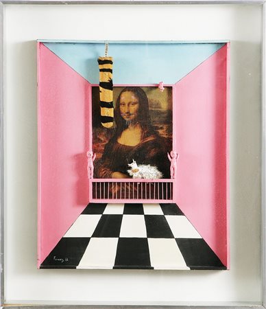 FOMEZ ANTONIO (n. 1937) Per Duchamp (o per la Gioconda?), 1966. Tecnica mista...