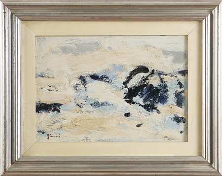 GIUNNI PIERO (1912 - 2000) Neve contrastata, 1975. Olio su tela. Cm 25x34,5....