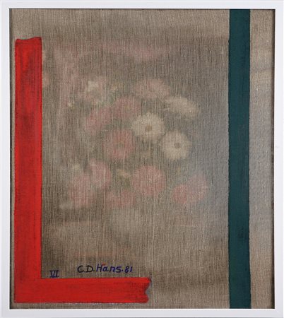 HANS C. D. Fiori, 1981. Tecnica mista su tela grezza. Cm 50x35. Numero -VI-...