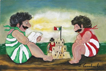 LOMBARDO SALVO (n. 1948) Fratelli al mare. Tecnica mista su tavola. Cm 20x30....