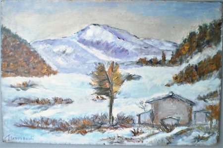 TRUSSARDI Nevicata. Olio su tavola. Cm 50x70. Firma in basso a sinistra.