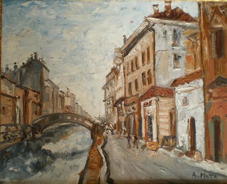 MOTTA ATTILIO Vecchia Milano. Olio su tavola. Cm 40x50. Firma in basso a destra.