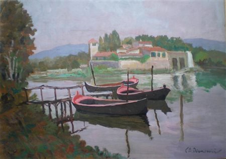 DOMENICI CARLO Porticciolo. Olio su tavola. Cm 50x70.