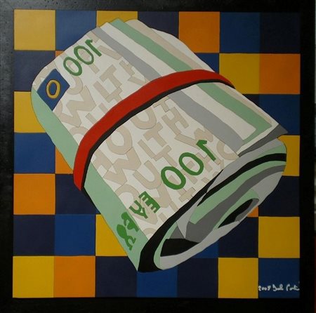 FORTUNA DANIEL (n. 1981) No Money, 2008. Intarsio su legno. Cm 75x75. Firma e...