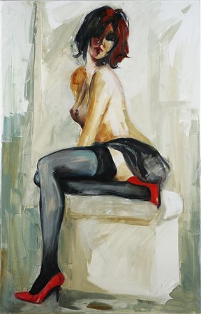 SLOVICKA KATARZYNA (n. 1967) Donna con scarpe rosse, 2010. Olio su tavola. Cm...