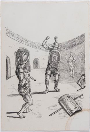 Giorgio de Chirico (Volo 1888 - Roma 1978), “Gladiatori nell’Arena”, 1969.