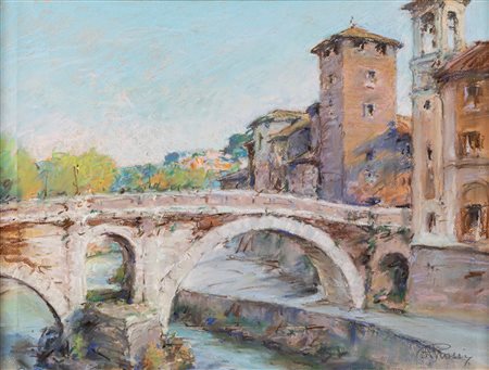 Angelo Rossi (Roma 1881-1967)  - Roma, il Ponte Fabricio all'Isola Tiberina