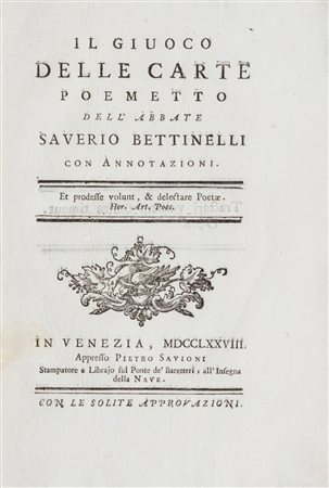 Giochi - Bettinelli, Saverio - Il giuoco delle carte poemetto