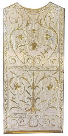 Antica pianeta sacerdotale del XVIII secolo. In tessuto di seta con decori floreali ricamati in oro zecchino.