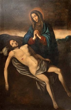 Dipinto ad olio su tela raffigurante Compianto del Cristo, Anonimo siculo-catalano del XV/XVI secolo. 181x126.